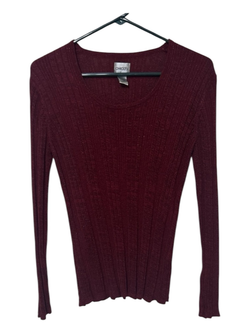 Chico's Vibrant Burgundy Metallic Ribbed Knit Long Sleeve Top